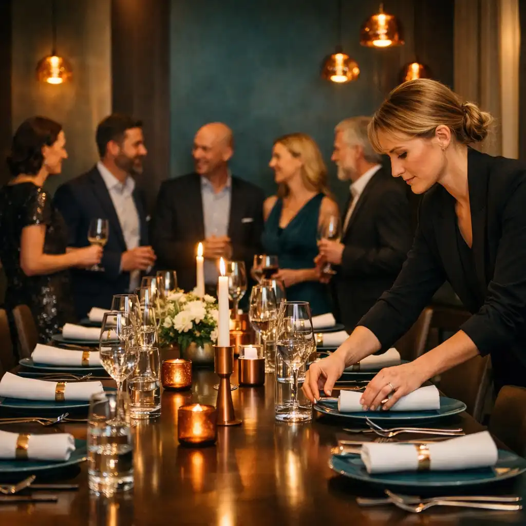Upravené stolování pro firemní večer v restauraci, kde producent dolaďuje detaily a hosté konverzují v pozadí.