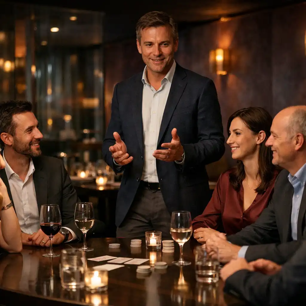 Hostitel vysvětluje kolegům u restaurančního stolu další část společenského programu.