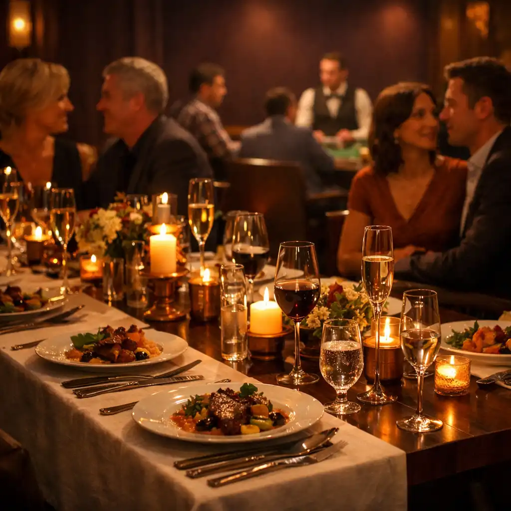 Prostřený dlouhý stůl s hosty v restaurativní atmosféře během klidné pauzy programu.