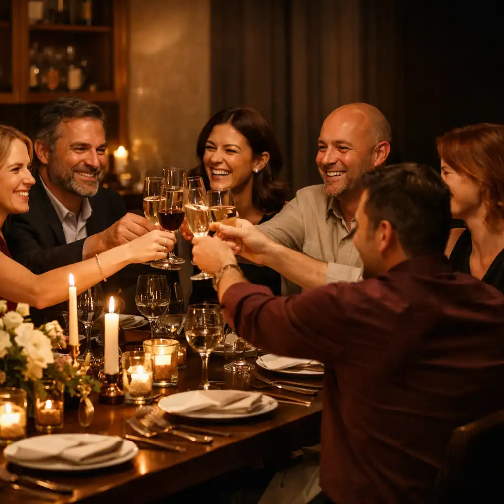 Dospělí hosté připíjejí u slavnostně prostřeného stolu v intimním restaurančním prostoru.