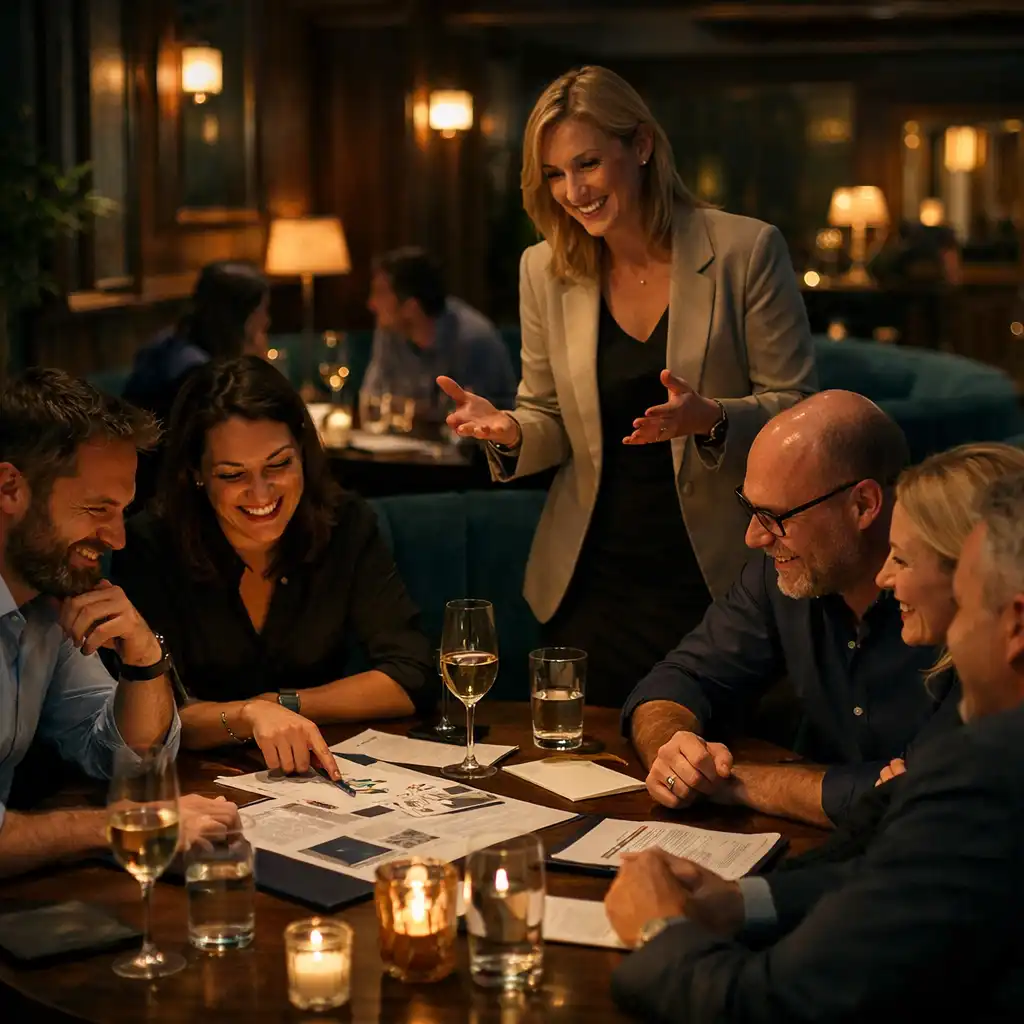 Kolegové se zapojují do moderované týmové aktivity v restaurančním lounge.