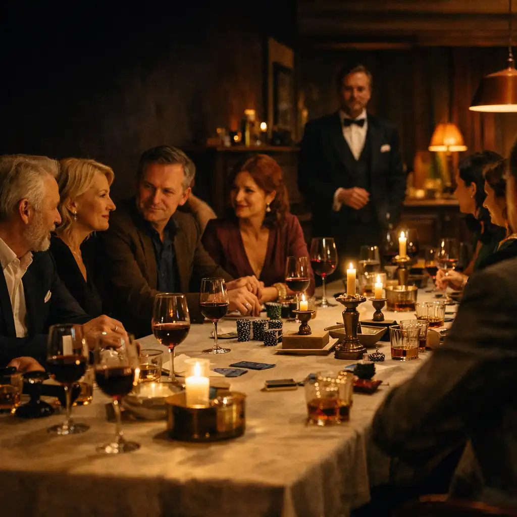 Elegantní večer u dlouhého restaurančního stolu s hosty, sklem a teplým osvětlením.
