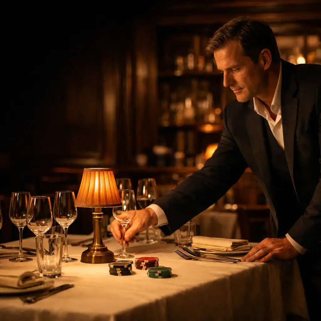 Hostitel upravuje stůl v elegantní restauraci před soukromým večerem.