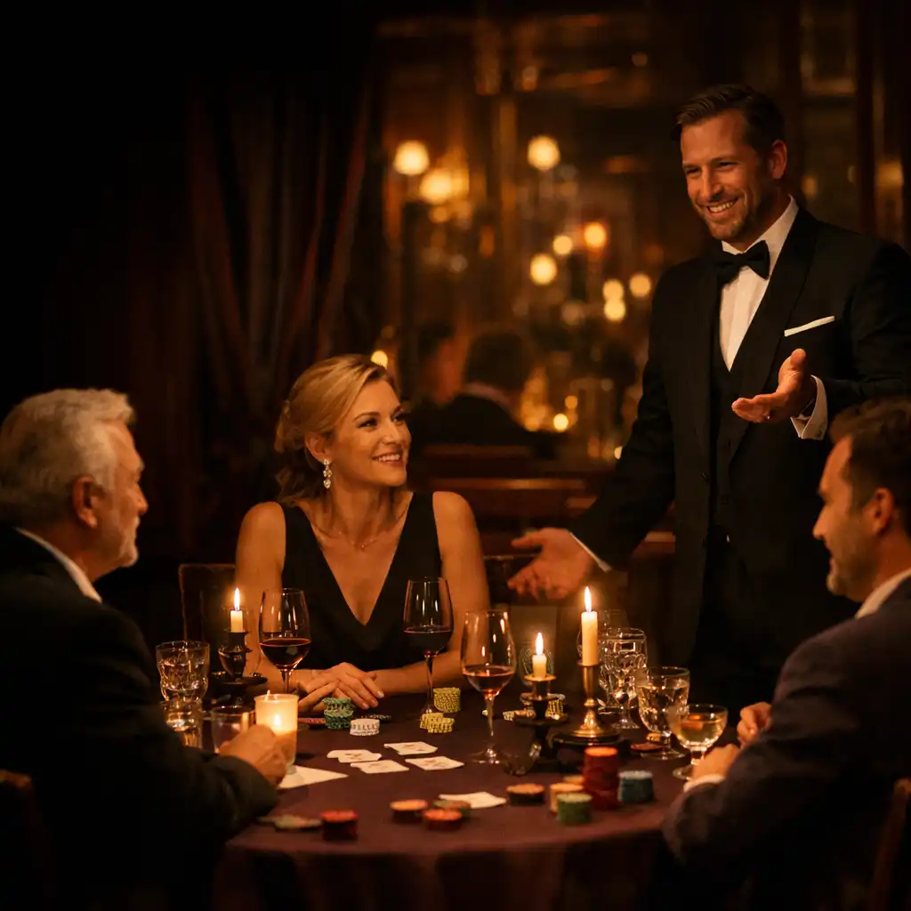 Elegantní restaurant pokerový večer pro dospělé hosty u prostřeného stolu s moderovanou společenskou zábavou.