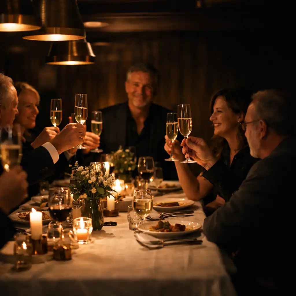 Hosté při přípitku u dlouhého stolu během elegantní soukromé oslavy v restauraci